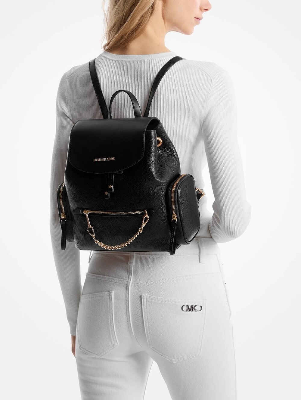 Michael Kors Womens Jet Set Medium Pebbled Black Leather Backpack
